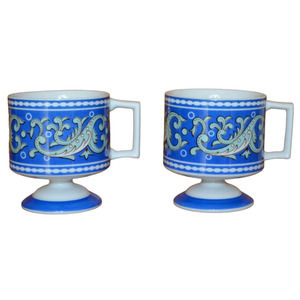 Set of 2 Florencia Coffee Mug Tea Cup Blue Green Paisley Footed Ceramic Paisley